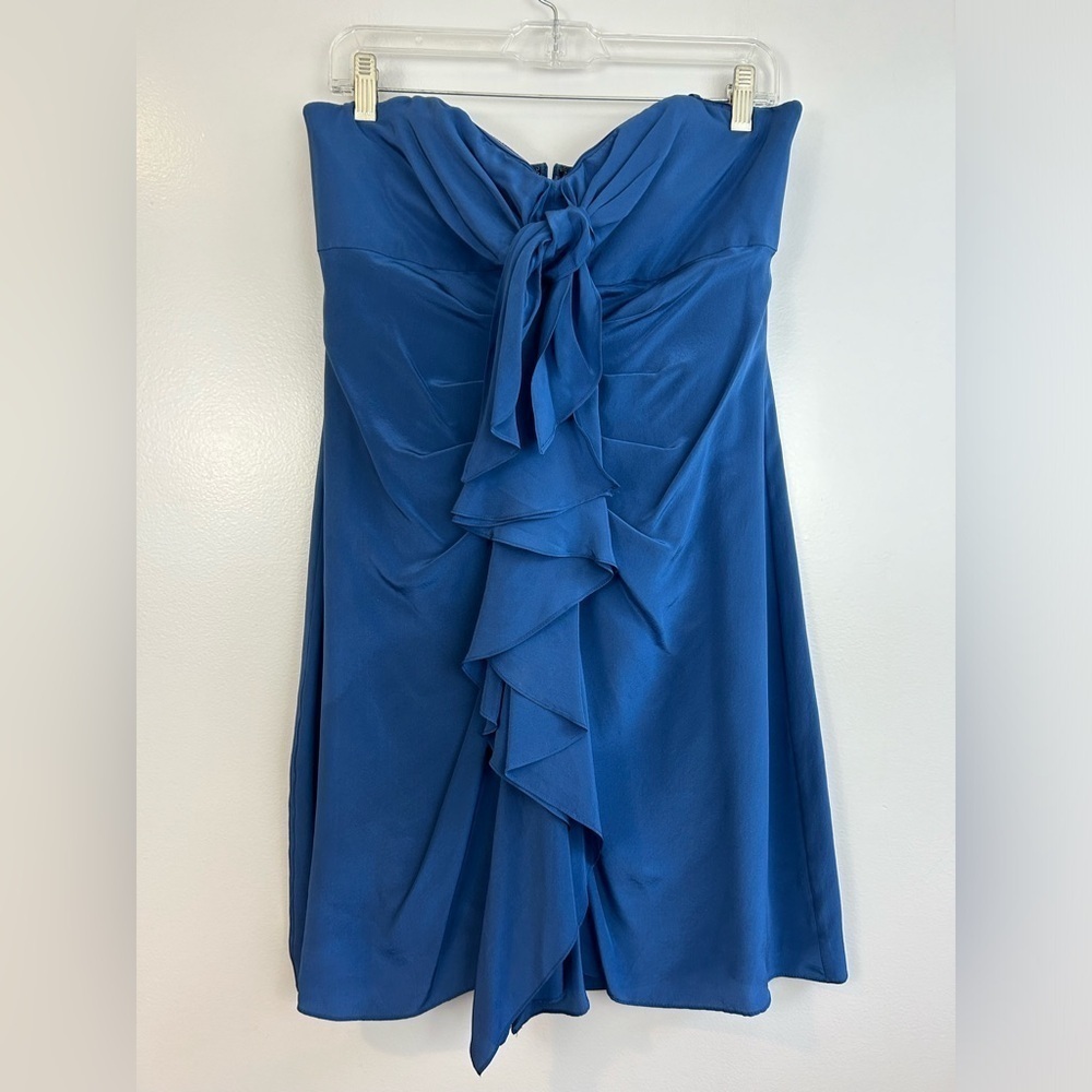 NWT BCBGMaxAzria Rotal Blue Strapless Silk Mini Dress with Ruffles/Bow Size 12